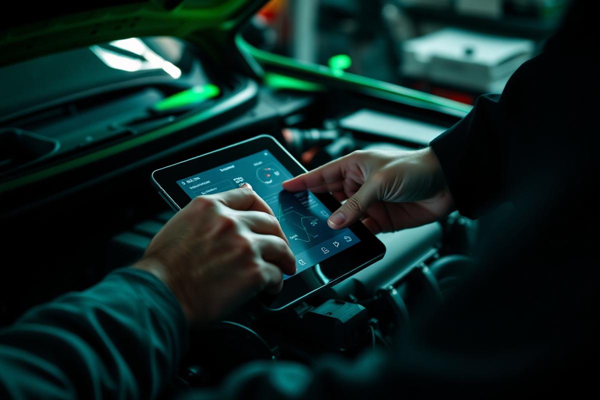 Technician using diagnostic tablet