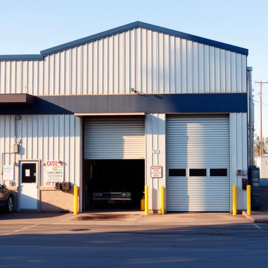 Auto repair shop building exterior in daylight