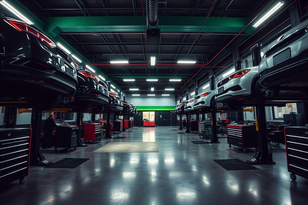 Auto repair shop floor with vehicle lifts