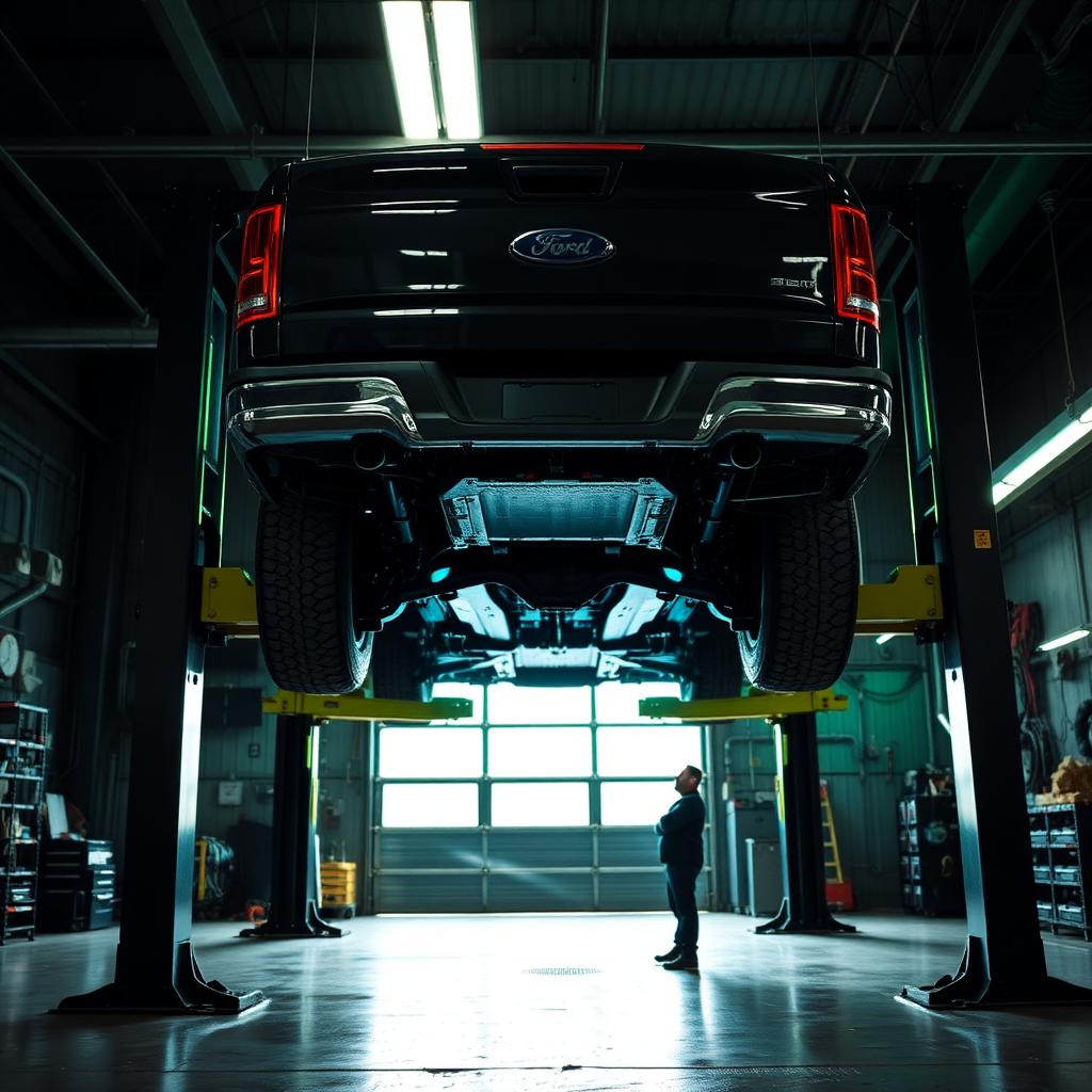 Pickup truck raised on a hydraulic lift